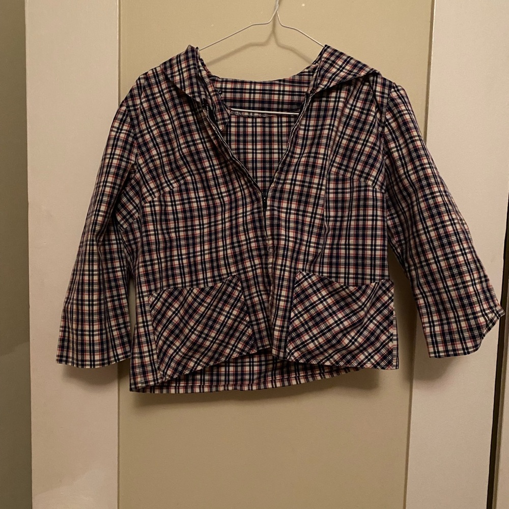 Blue Plaid Zip Up Cropped Jacket